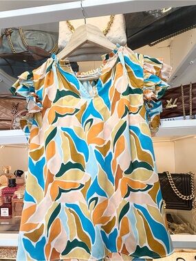 Willow & Root Boutique Colorful Abstract Ruffle Sleeve Blouse Blue Mustard Green